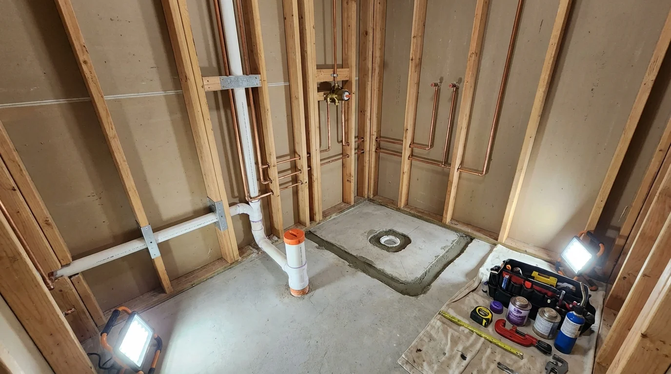 Bathroom rough-in plumbing during remodel by Johns Plumbing LLC in La Grange