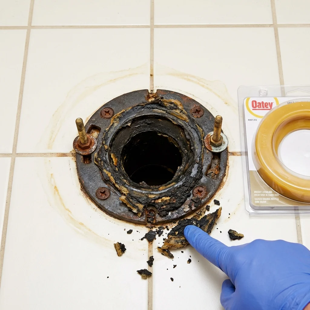 Failed wax ring showing water seepage at the base of a toilet in a La Grange, TX home