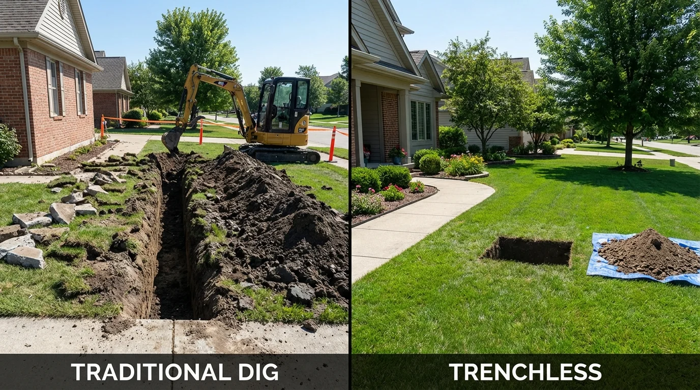 Trenchless sewer repair with minimal yard damage versus traditional excavation in La Grange, TX